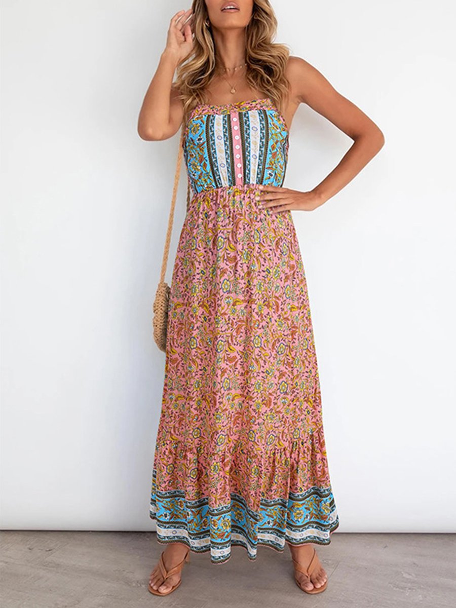 Straps U-neck Floral Print Maxi Dress