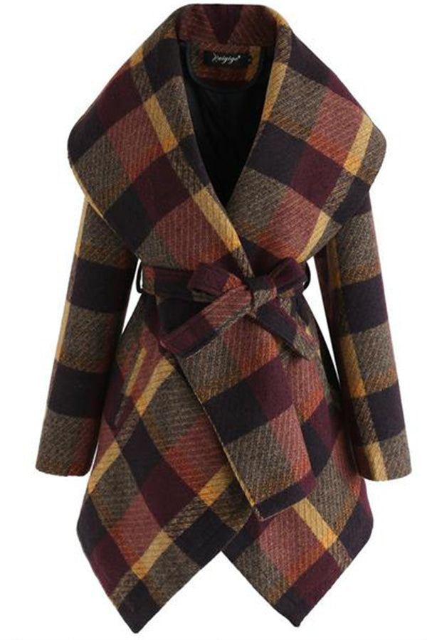 Asymmetric Plaid Wrap Coat