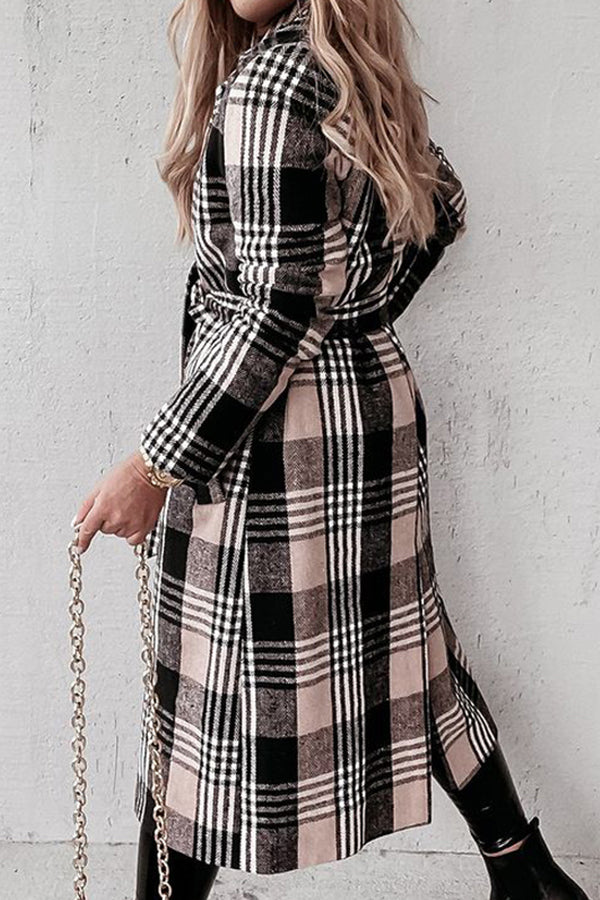 Temperament Lapel Plaid Belt Woolen Coat