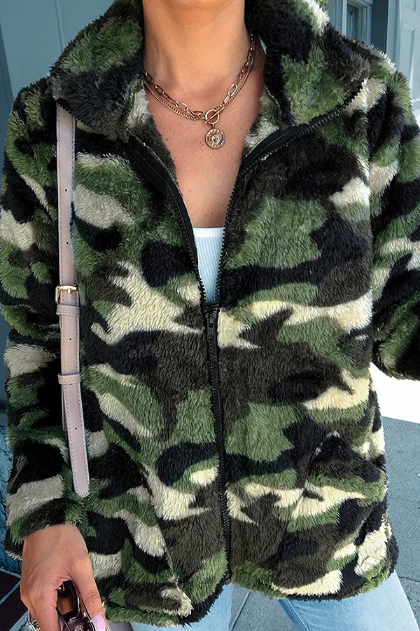 Camouflage Print Pocket Zipper Design Teddy Coat