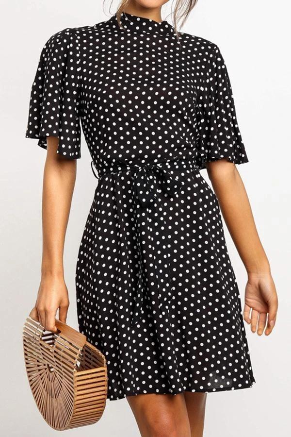 Flounce Sleeve Polka Dot High Neck Dress