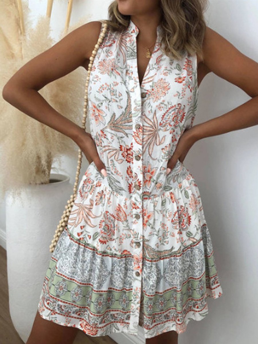 Stand-up Collar Stitching Sleeveless Printed Dress
