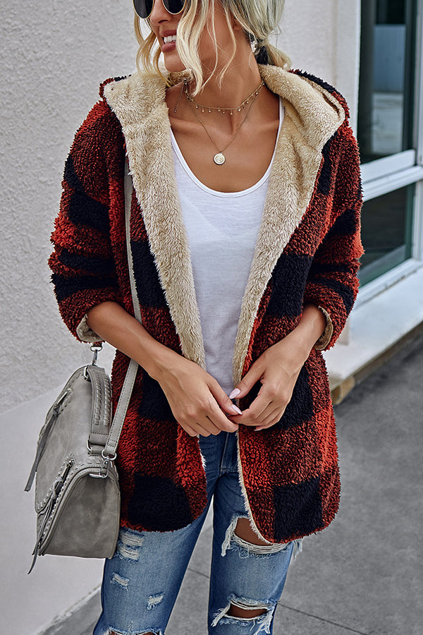 Checked Double-sided Plush Cardigan
