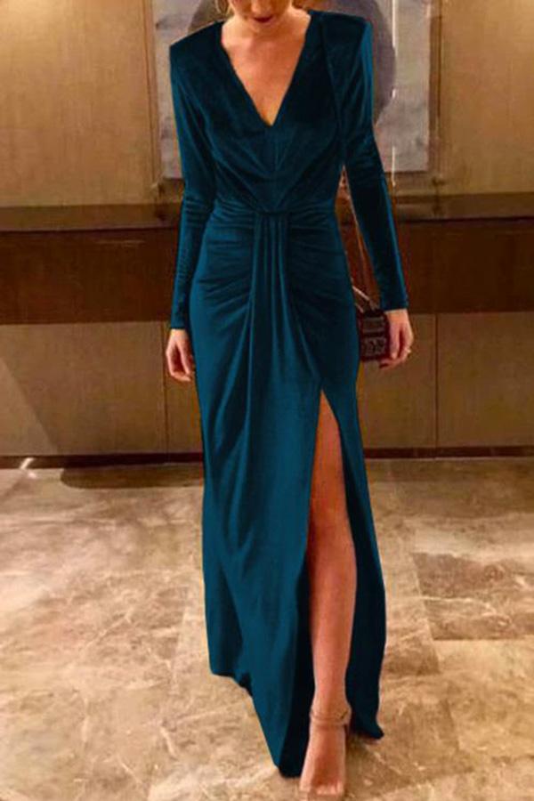 Deep V Neck Split Long Velvet Party Dress(5 Colors Available)