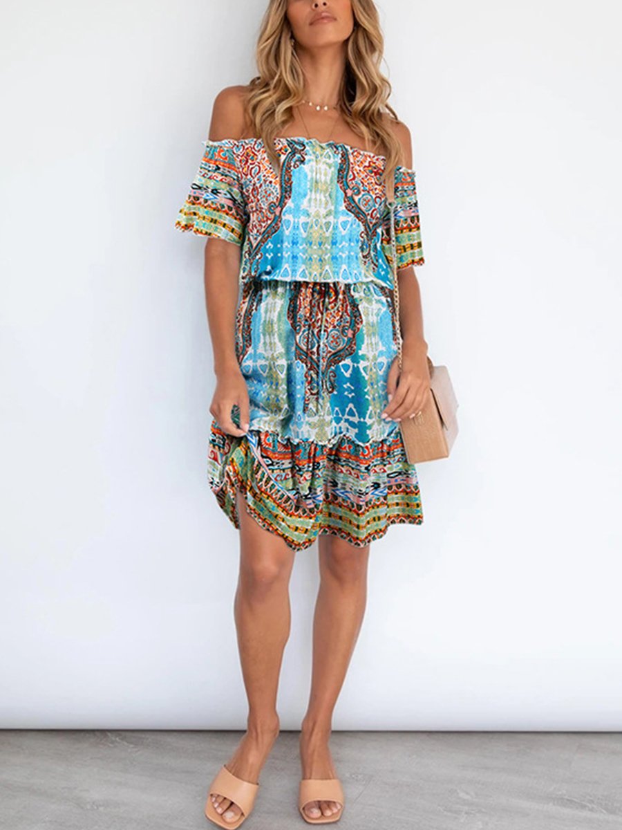 Off-the-shoulder Boho Print Mini Dress