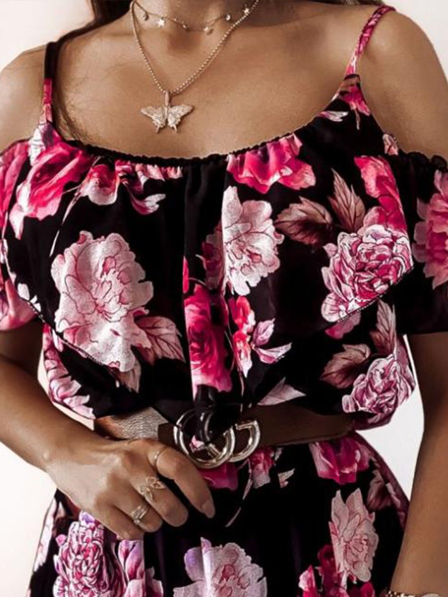 Cold-shoulder Flower Print Chiffon Mini Dress