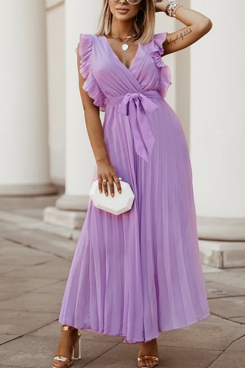 Fashion V Neck Solid Color Slim Ruffle Smocked  Dress
