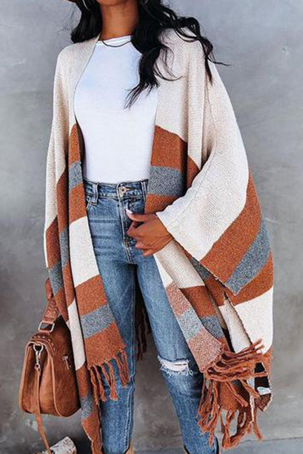 Tartan Plaid Tassel Poncho Cardigan