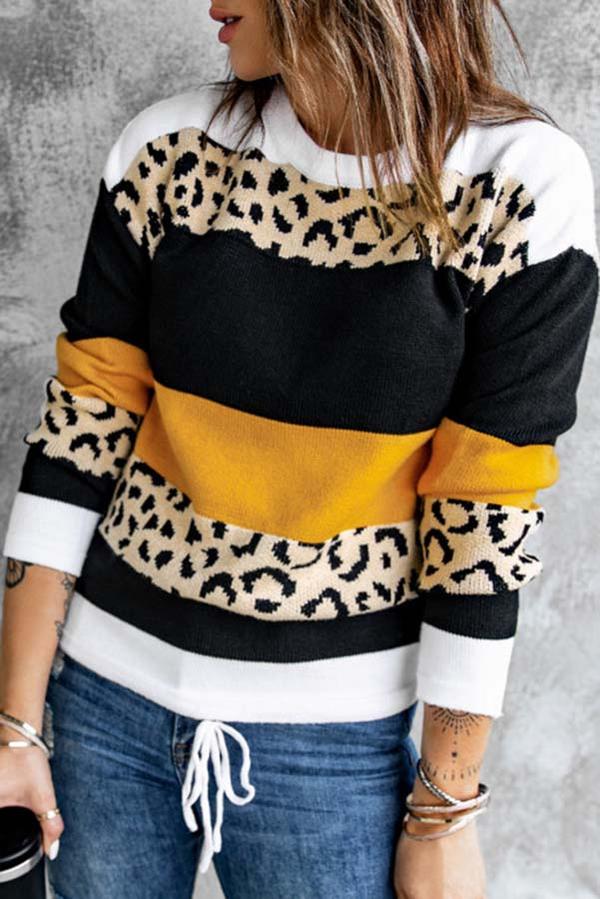 Leopard Color Block Pullover Sweater