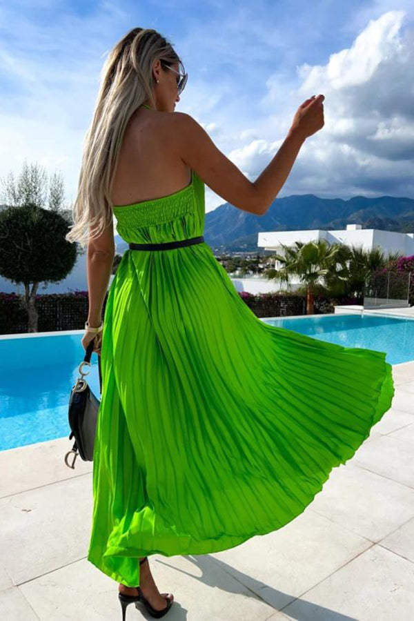 New Pleated Suspender Sweet Waist Closing Bohemian Long Dress
