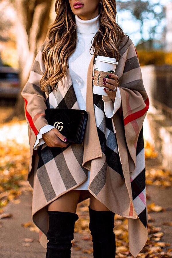 Split Sleeve Tartan Knee-Length Coat