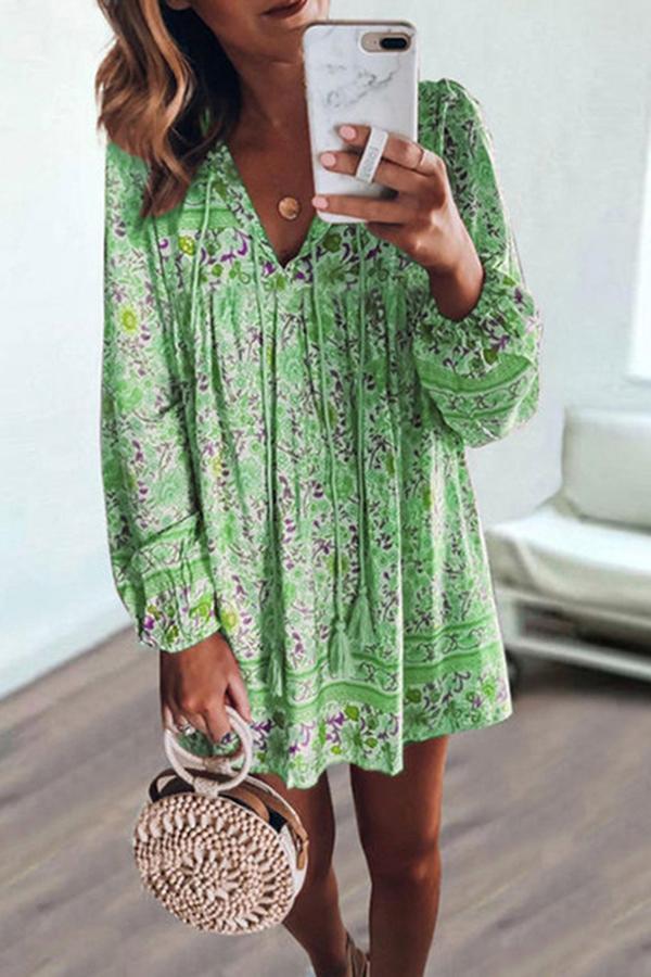 Long Sleeve Tasseled Floral Mini Dress (4 Colors)