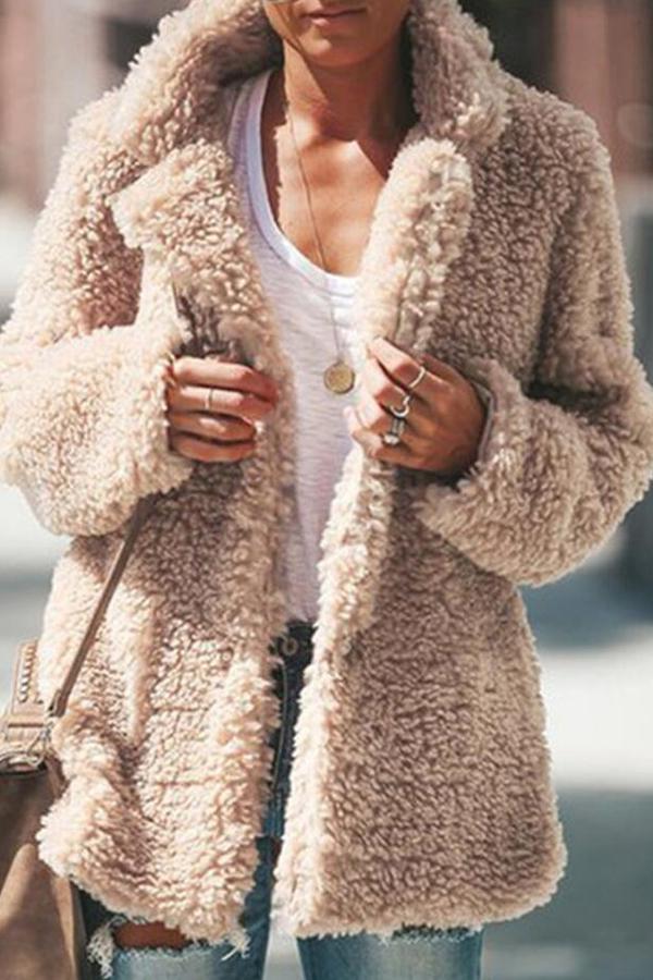 Fluffy Long Sleeve Solid Color Lapel Coat