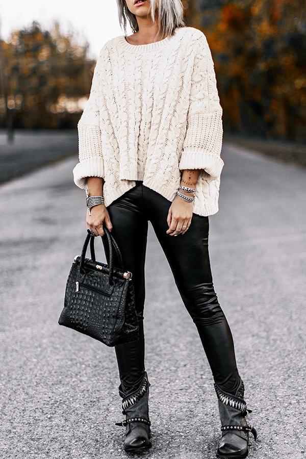 Solid Color Round Neck Sweater