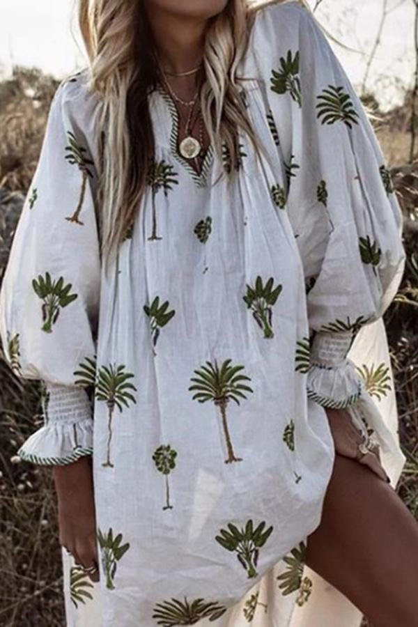 Pattern Lantern Sleeve Midi Dress