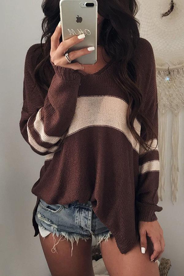 V-neck Striped Color Block Sweater