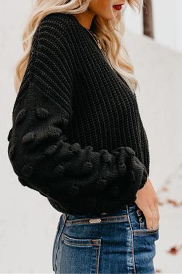 Solid Color Lantern Sleeve Round Neck Sweater