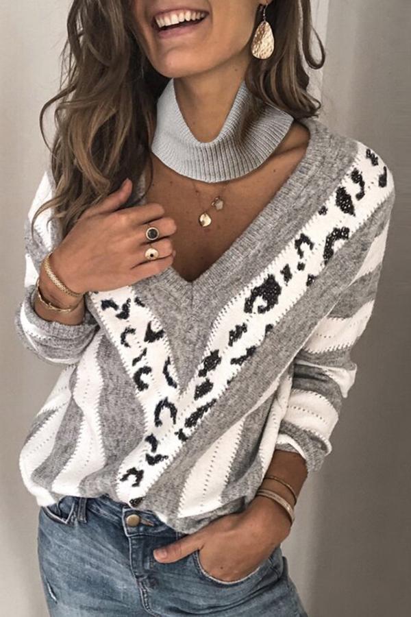 Patchwork High Neck Cut Out Sweater