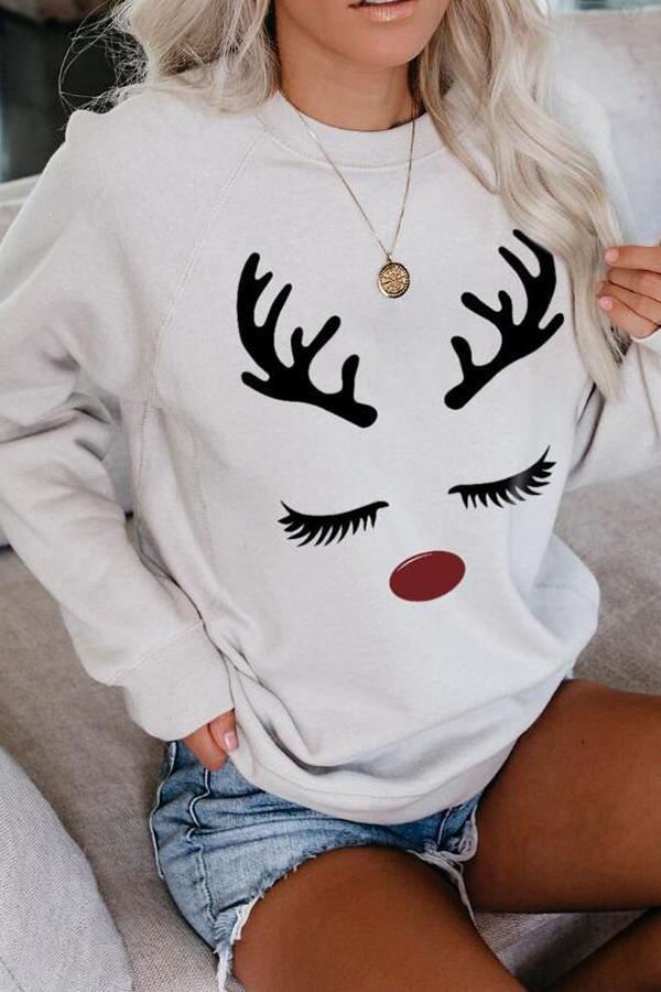 Elk Print Round Collar Sweatshirt