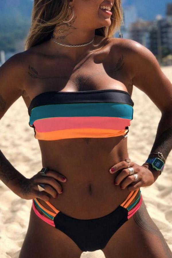 Bandeau Rainbow Striped Bikini Set (2 Colors)