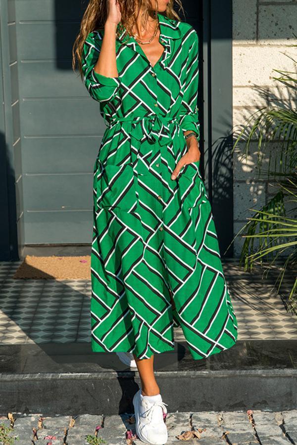 Casual Shirt Collar Printed Maxi Dress (5 Colors)