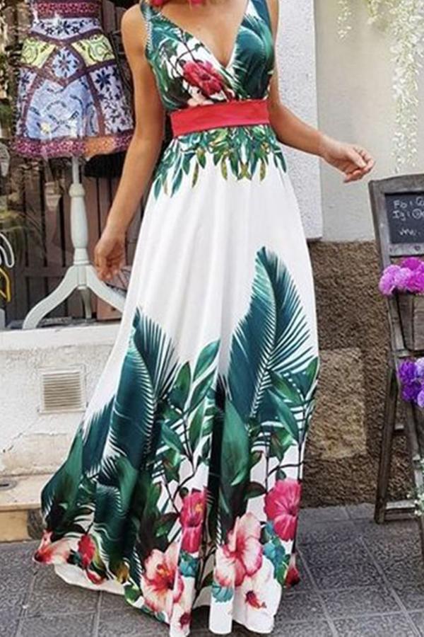 Sleeveless Natural Printed Big Swing Maxi Dress