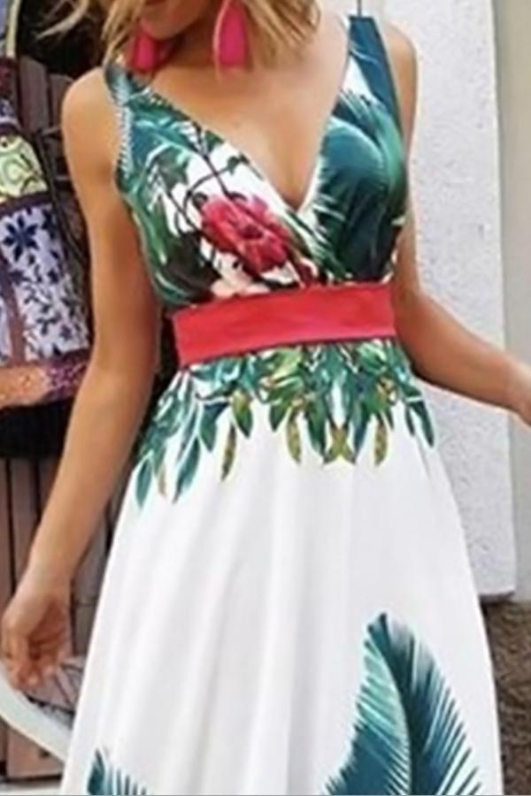 Sleeveless Natural Printed Big Swing Maxi Dress