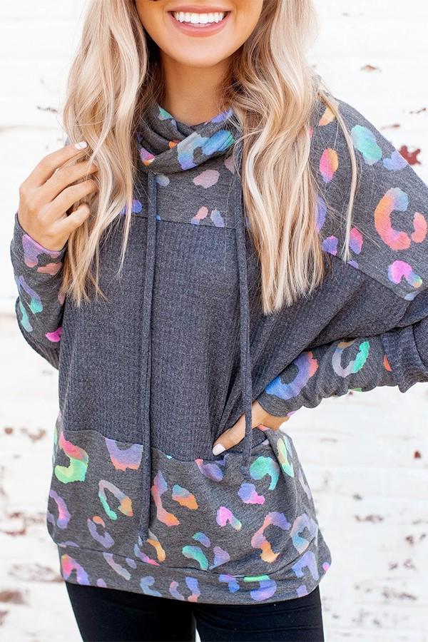 Cowl Neck Spotted Waffle Block Hoodie