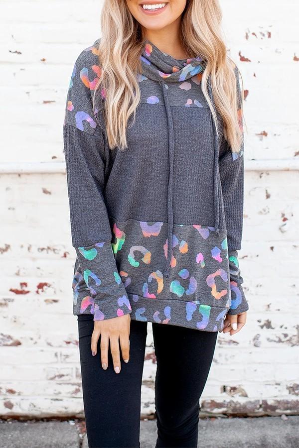 Cowl Neck Spotted Waffle Block Hoodie