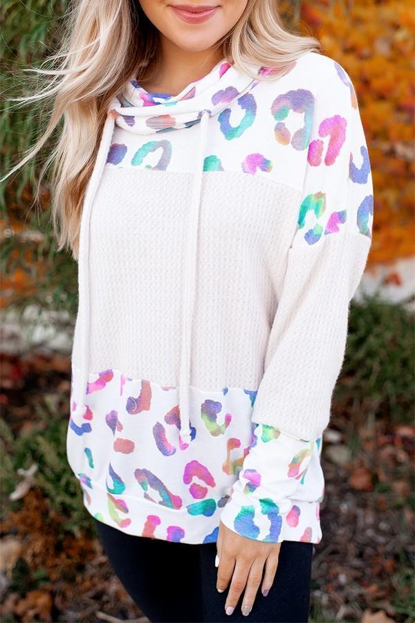 Cowl Neck Spotted Waffle Block Hoodie