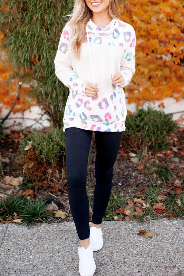 Cowl Neck Spotted Waffle Block Hoodie
