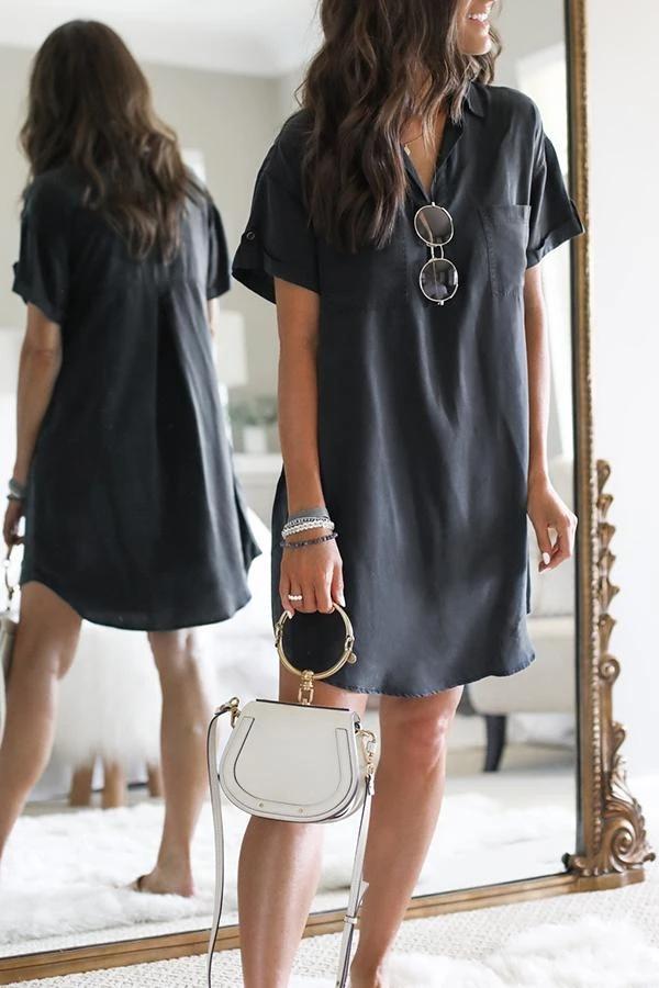 Short Sleeve Solid Color Shirt Collar Mini Dress