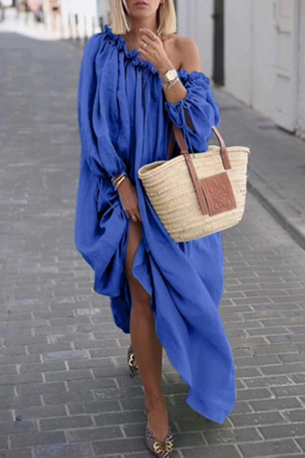 Solid Color Slanted Shoulder Off-the-shoulder Loose Dress