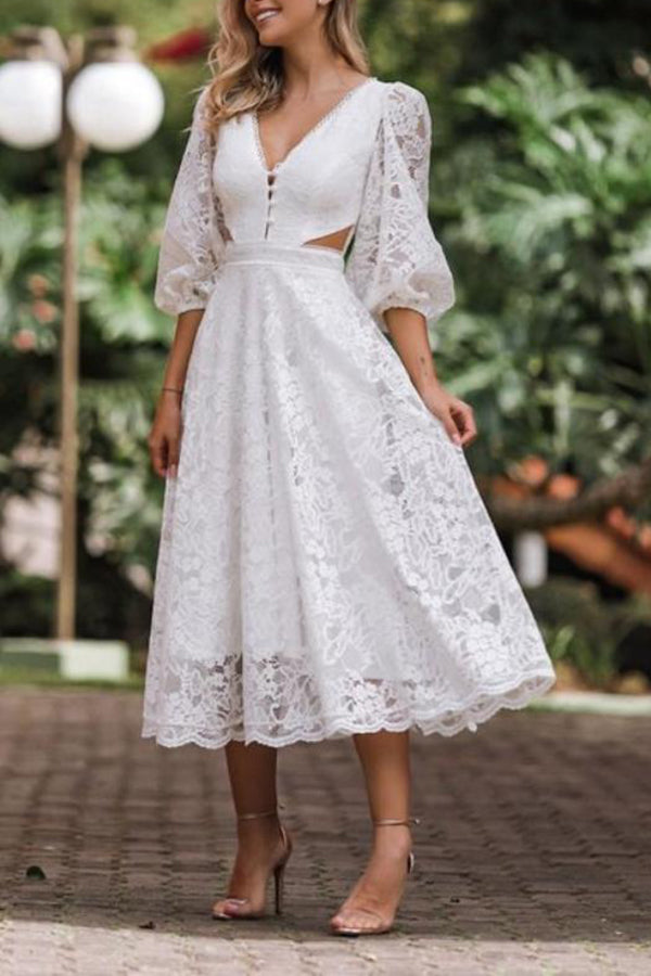 Solid Color Mid-sleeve Elegant Lace Midi Dress