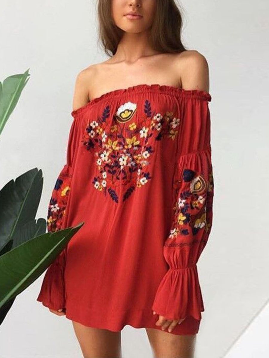 Floral Embroidered Off Shoulder Long Sleeve Mini Dress