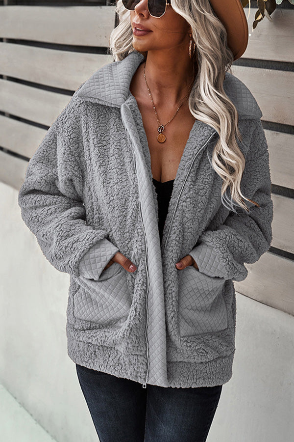 Long Sleeve Pocket Detail Zip Up Teddy Coat