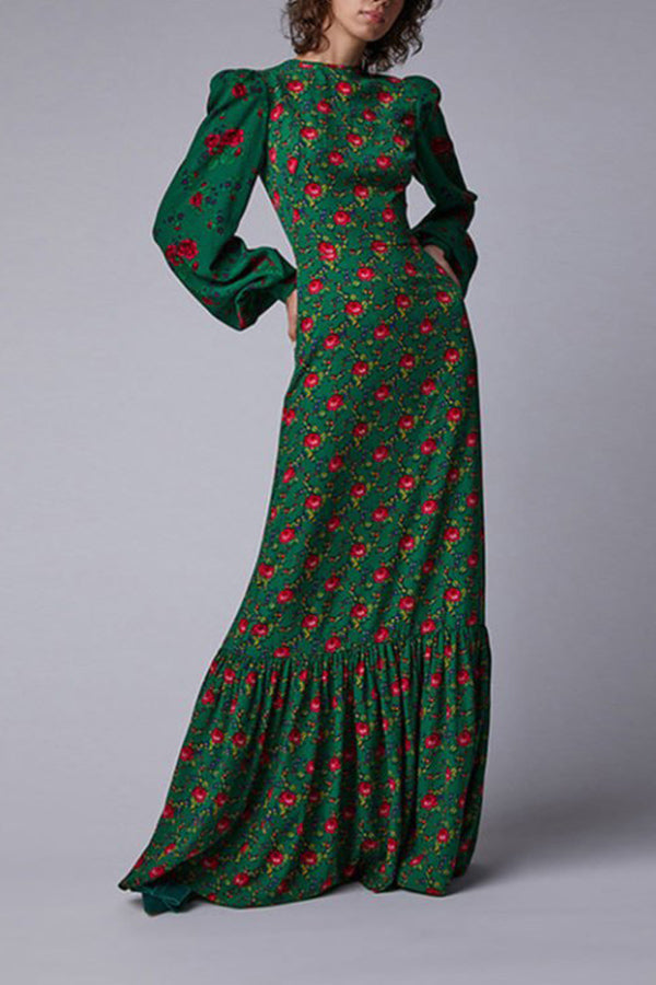 Floral Print Lantern Sleeve Green Maxi Dress