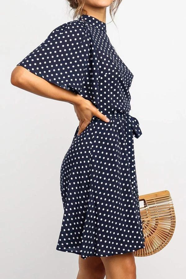 Flounce Sleeve Polka Dot High Neck Dress
