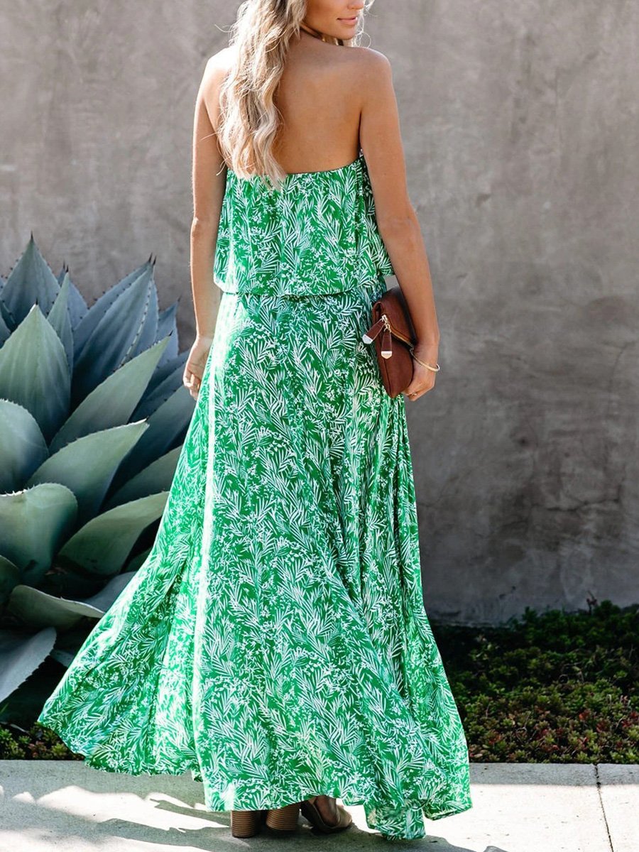Leaves Printing Off-the-shoulder Falbala Split Maxi Dress