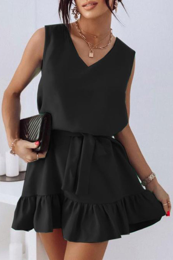 V-Neck Sleeveless Gathered Waist Mini Dress