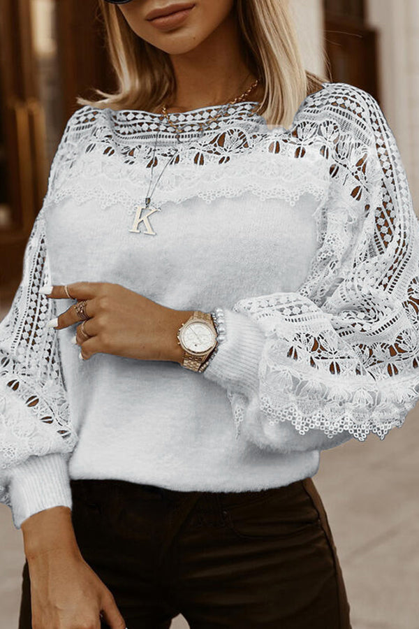 Hollow Pattern Stitching Lantern Sleeve Sweater