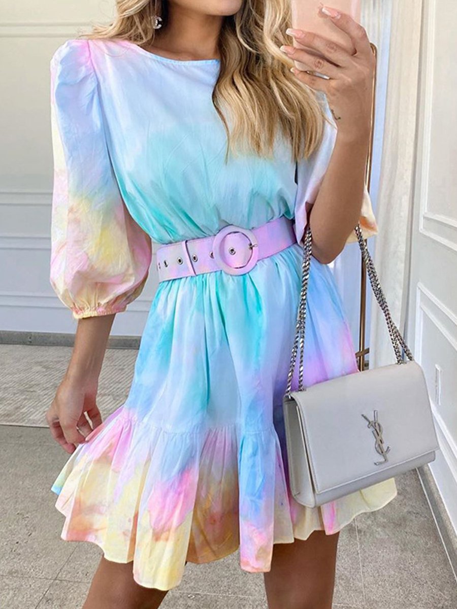 Tie Dye Holiday Ruffle Waist Print Mini Dress
