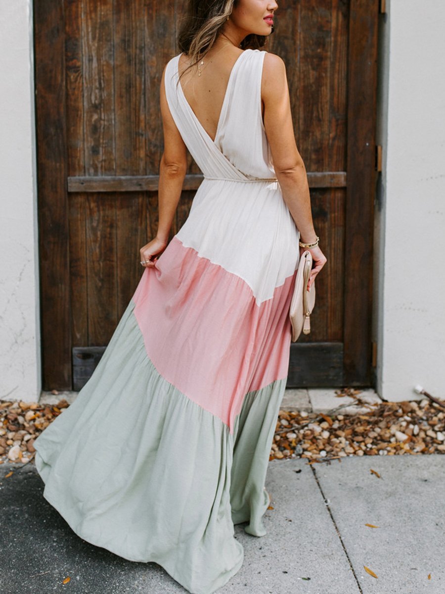 Elegant Color Contrast Backless Beach Dress