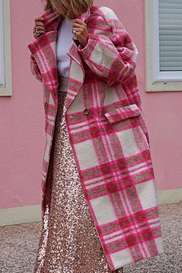 Temperament Suit Collar Plaid Long Sleeve Woolen Cloth