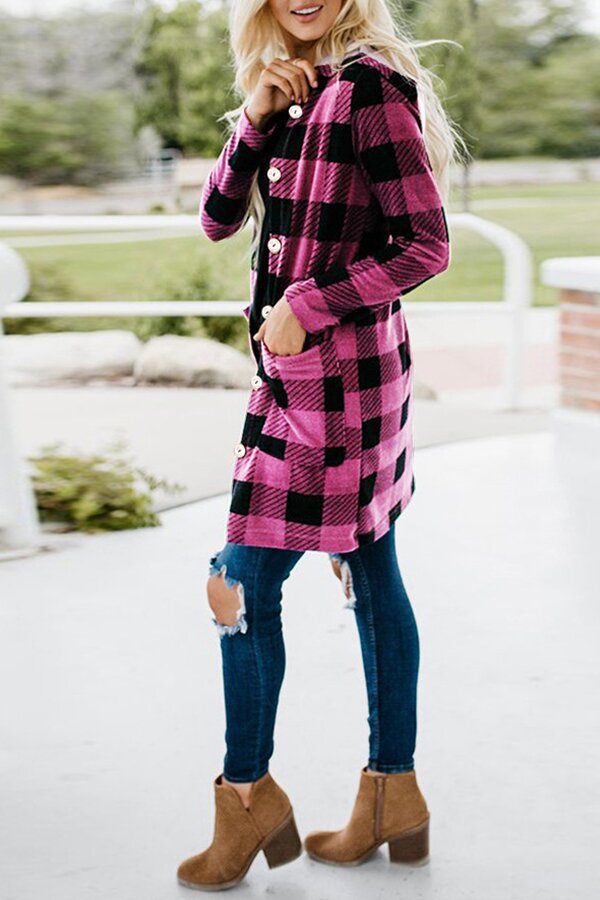 Hooded Plaid Long Sleeve Button Down Pocket Coat