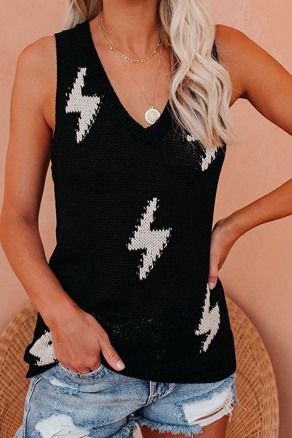 V-neck Lightning Print Vest Knit Sleeveless Top