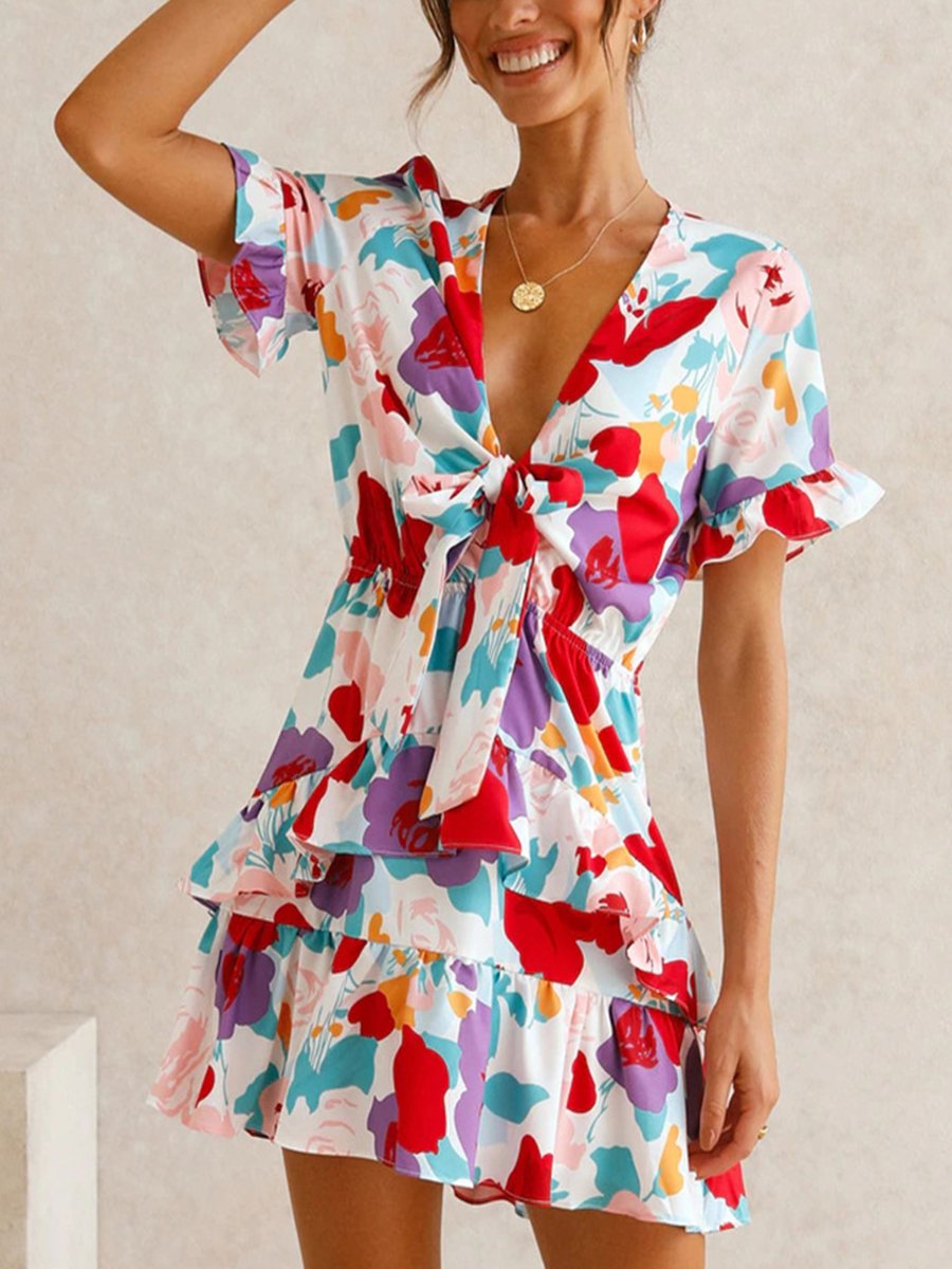 V-neck Short Sleeve Knot Front Ruffle Mini Dress