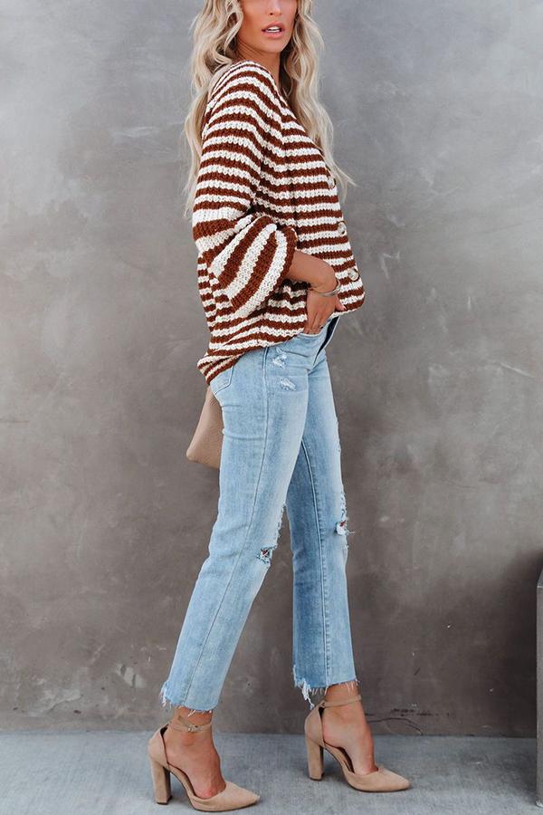 Striped Balloon Sleeve Button Cardigan