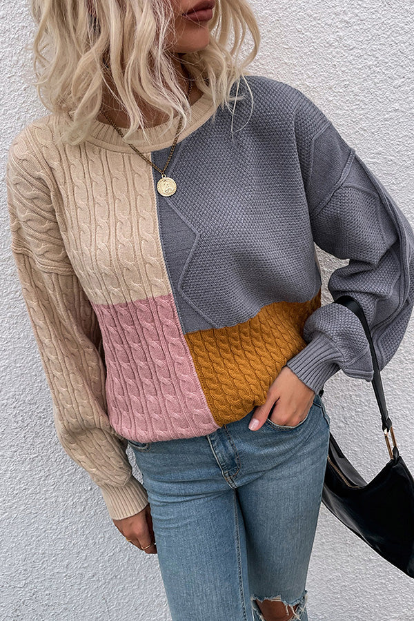 Square Stitching Contrast Color Twist Lantern Sleeve Sweater