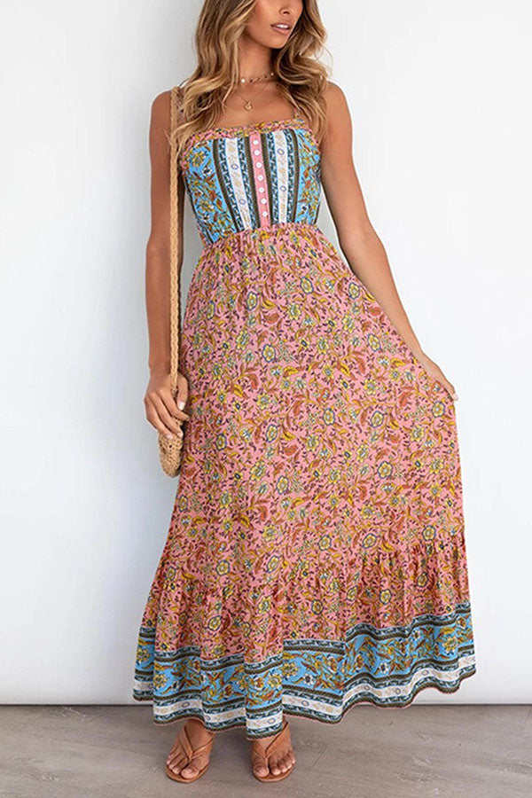 Straps U-neck Floral Print Maxi Dress